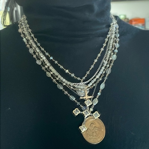 Sold💎cross chain layered necklace labradorite gold silver gunmetal coin pendent - Picture 3 of 15